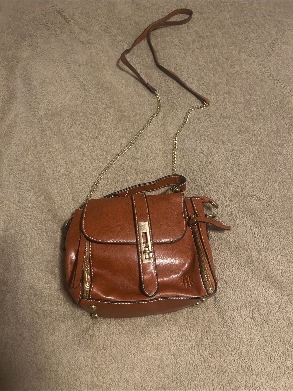 Women's Brown Leather Crossbody Bag with Gold Chain Strap